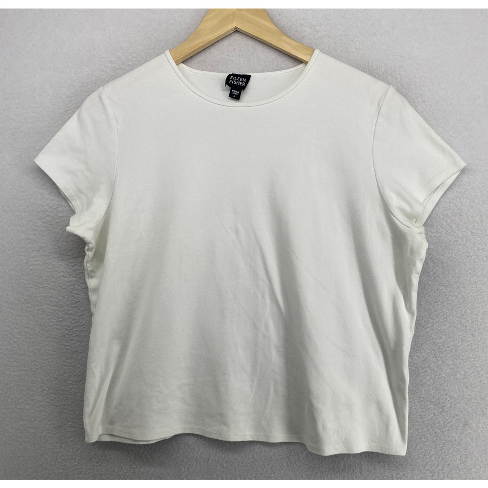 EILEEN FISHER Top L Cotton Interlock Jersey Crewneck Short Sleeve Basic White